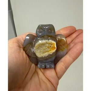 Hand Carved Agate Owl Figurine Druzy Geode Center Grey Stone Sculpture 2.3"